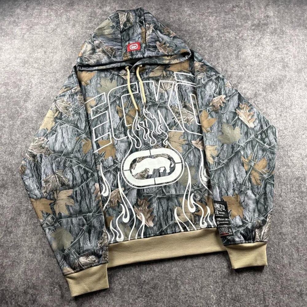 Ecko Unltd Men’s S Oversized Camo Flame Hoodie Rhino Barbed Wire Y2K